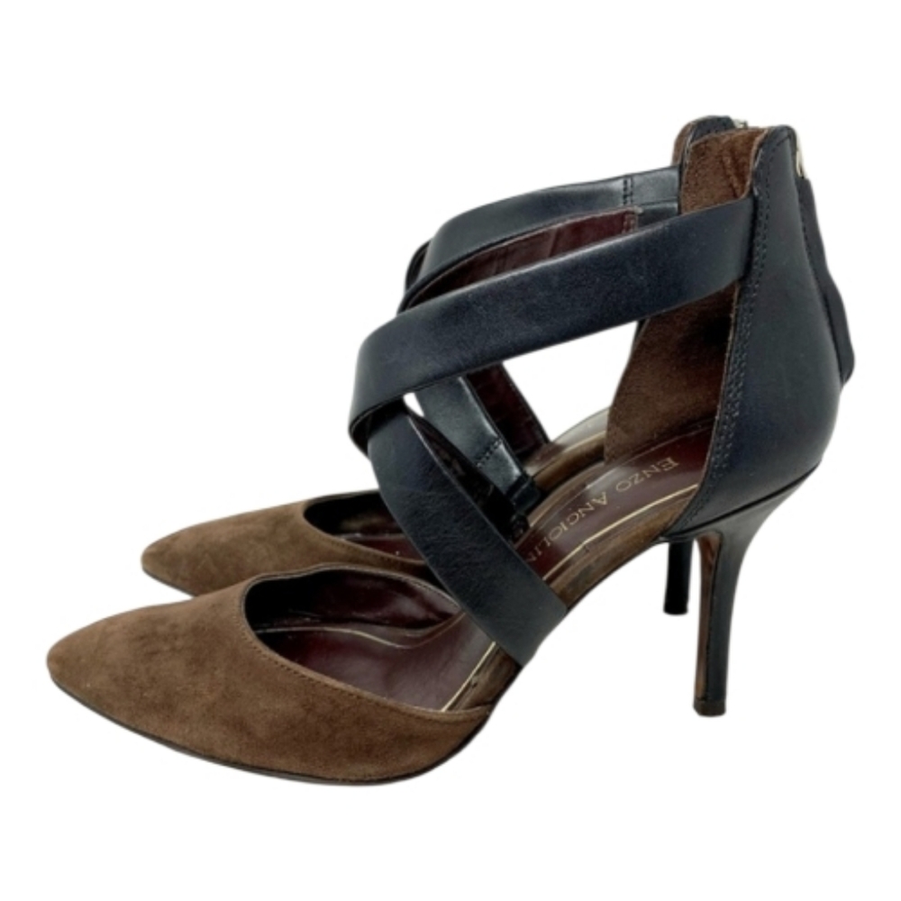 Enzo Angiolini D’orsay Sz 9.5 Pump Suede Leather Brown-Black Cross Strap 4" Heel